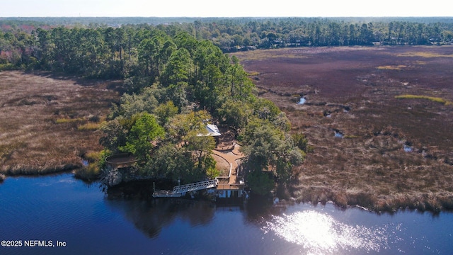 birds eye view of property featuring a forest view and a water view