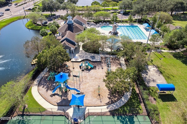 drone / aerial view with a water view