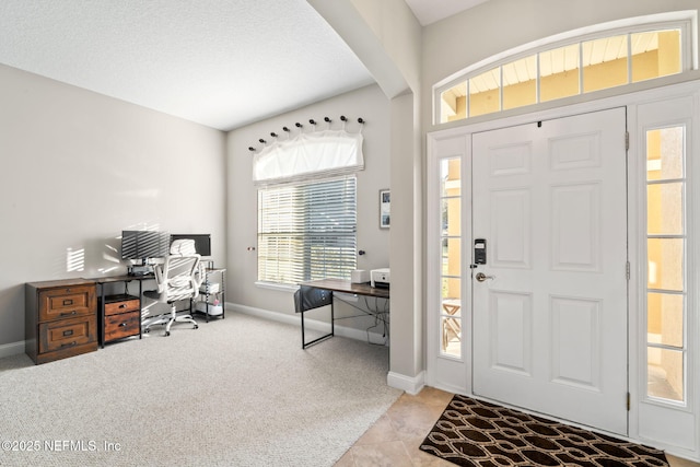 entrance foyer featuring light carpet, baseboards, and a textured ceiling