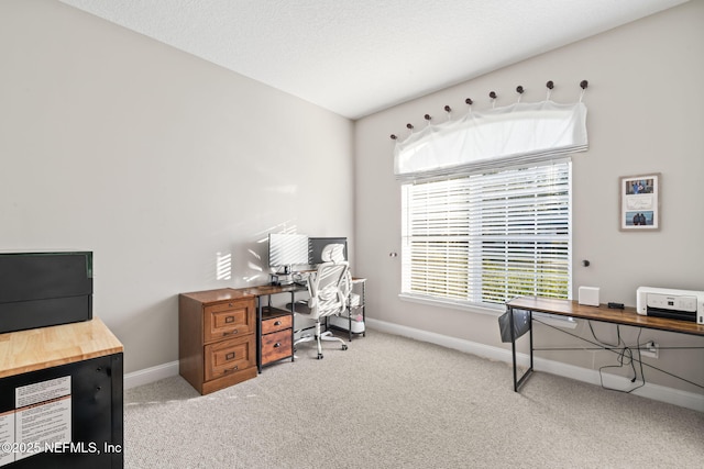 office space with a textured ceiling, baseboards, and carpet flooring