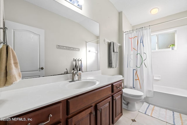 bathroom featuring toilet, tile patterned flooring, shower / bathtub combination with curtain, and vanity