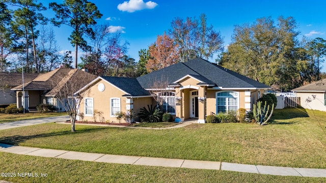 single story home featuring a front yard, fence, and stucco siding