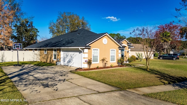 ranch-style house with a shingled roof, an attached garage, a front yard, fence, and driveway