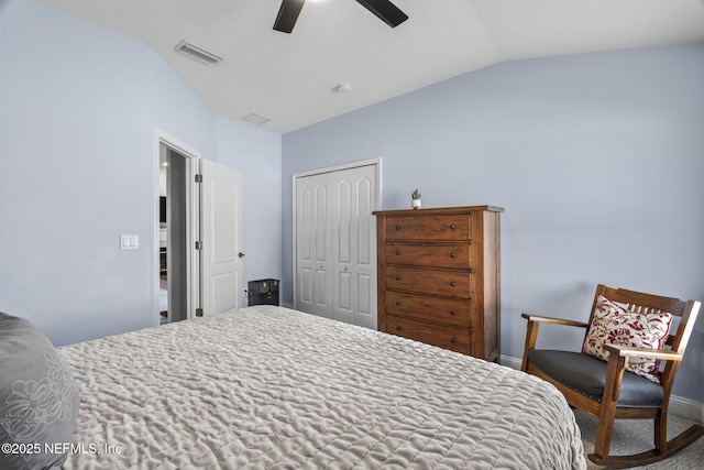 3077 Five Oaks Ln, Green Cove Springs, FL 32043 - bedroom featuring vaulted ceiling, a closet, baseboards, and a ceiling fan