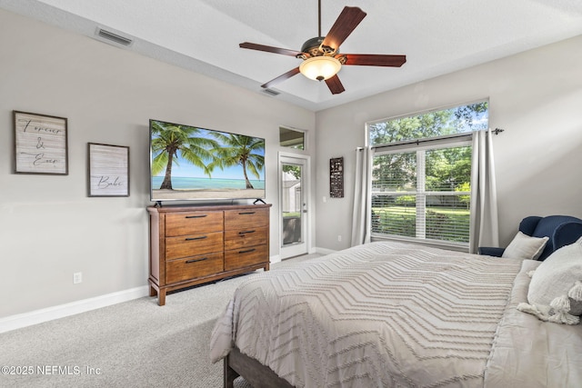 3077 Five Oaks Ln, Green Cove Springs, FL 32043 - bedroom with access to exterior, baseboards, light carpet, and a ceiling fan