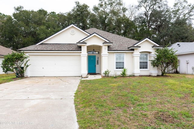 ranch-style house featuring roof with shingles, stucco siding, concrete driveway, a garage, and a front lawn