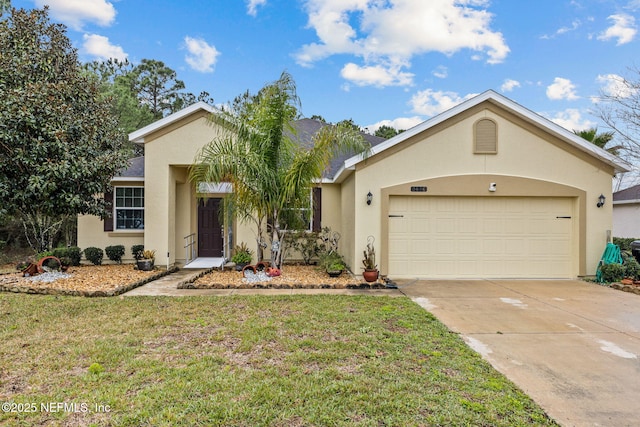 single story home with driveway, an attached garage, a front lawn, and stucco siding