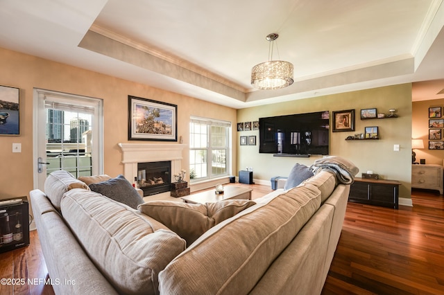 living area featuring a tray ceiling, a glass covered fireplace, baseboards, and wood finished floors