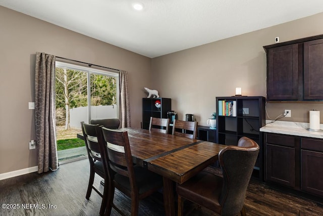 dining room with dark wood-type flooring and baseboards