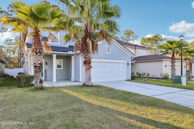 view of front facade featuring solar panels, concrete driveway, covered porch, an attached garage, and a front lawn