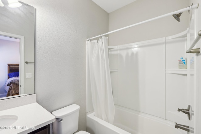 full bathroom featuring a textured wall, toilet, vanity, ensuite bath, and shower / bathtub combination with curtain