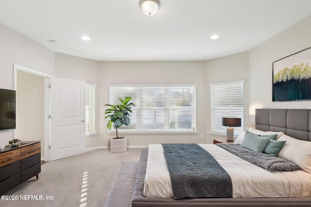 bedroom featuring baseboards, carpet flooring, and recessed lighting