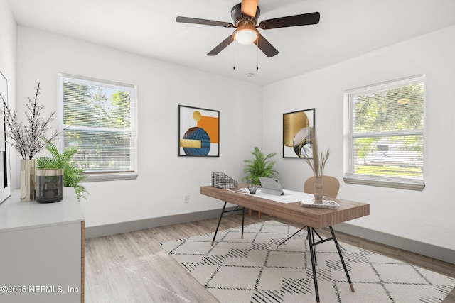 office space with light wood-style floors, a wealth of natural light, baseboards, and a ceiling fan