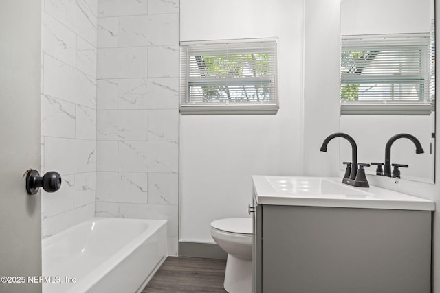 bathroom featuring a healthy amount of sunlight, vanity, toilet, and wood finished floors