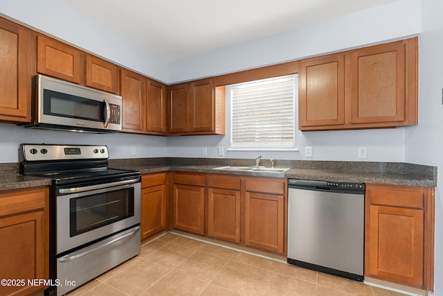 kitchen with stainless steel appliances, dark countertops, a sink, and brown cabinets