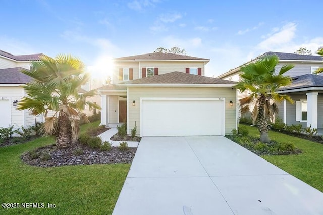 view of front of house with a garage, a front lawn, and concrete driveway