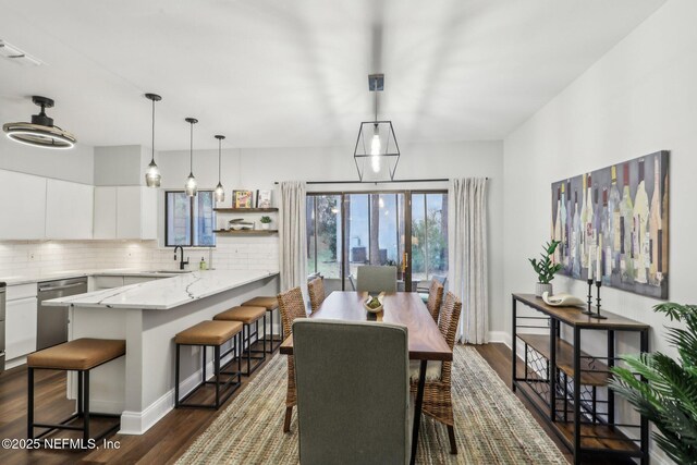 dining room featuring dark wood-type flooring, visible vents, and baseboards