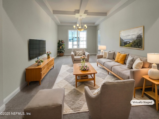 living room with a chandelier, coffered ceiling, beam ceiling, and baseboards