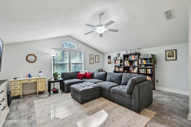 living room featuring visible vents, wood finished floors, ceiling fan, and vaulted ceiling