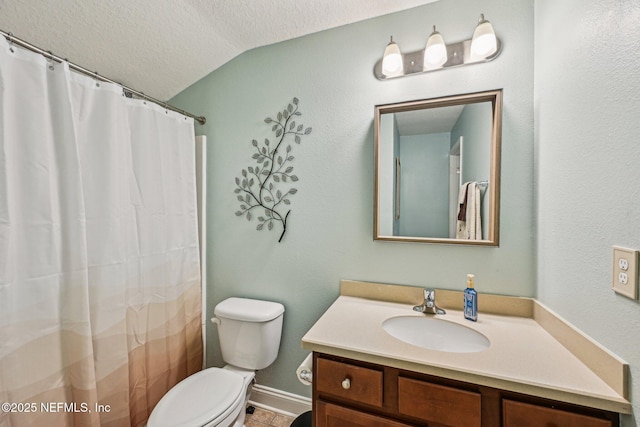 bathroom featuring a shower with curtain, toilet, a textured ceiling, lofted ceiling, and vanity