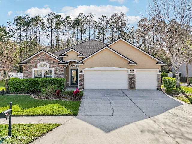 single story home with an attached garage, stucco siding, concrete driveway, a front lawn, and stone siding