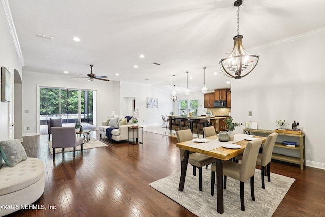 741 W Kings College Dr, Saint Johns, FL 32259 - dining space featuring ornamental molding, a chandelier, recessed lighting, dark wood-style flooring, and ceiling fan