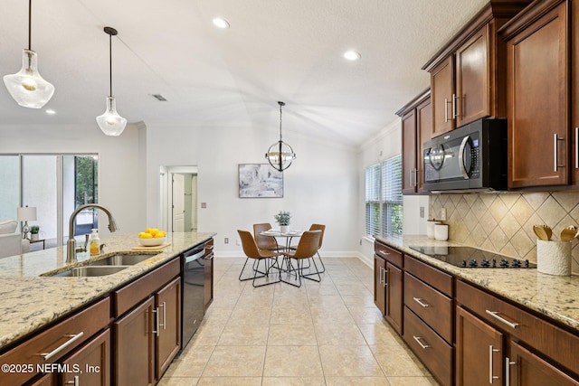 741 W Kings College Dr, Saint Johns, FL 32259 - kitchen featuring black appliances, ornamental molding, tasteful backsplash, light tile patterned floors, and hanging light fixtures