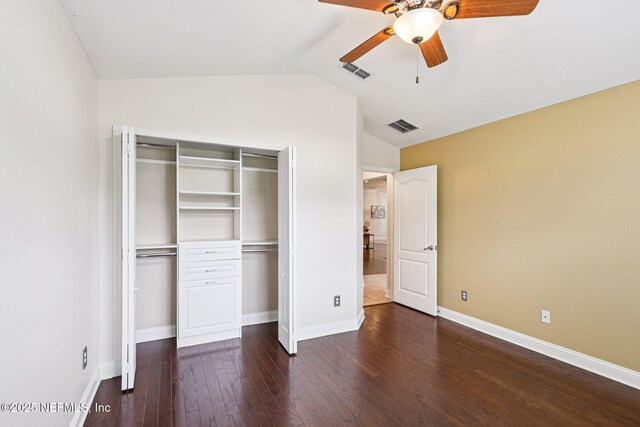 741 W Kings College Dr, Saint Johns, FL 32259 - unfurnished bedroom featuring wood finished floors, lofted ceiling, a closet, and a ceiling fan