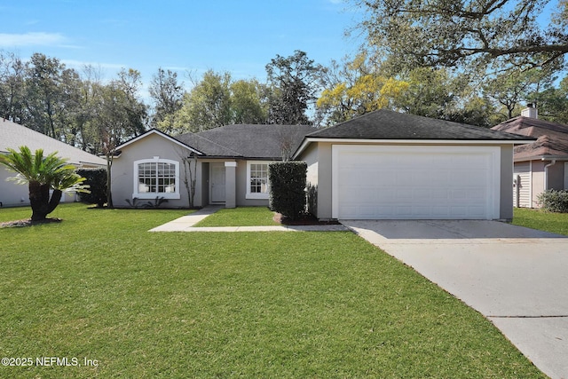 single story home with a garage, stucco siding, concrete driveway, and a front yard