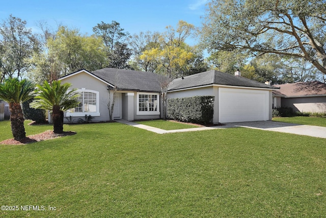 single story home featuring a front yard, driveway, an attached garage, and stucco siding