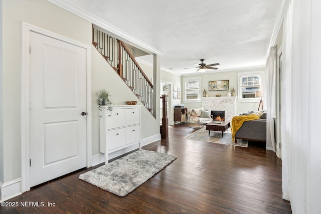 foyer featuring dark wood-style flooring, a fireplace, ornamental molding, ceiling fan, and stairs