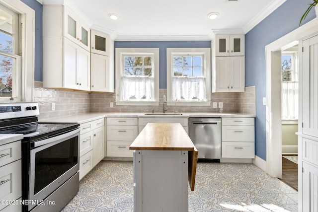 kitchen with stainless steel appliances, crown molding, a sink, and wooden counters