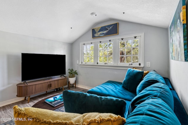 living area featuring vaulted ceiling, a textured ceiling, baseboards, and wood finished floors