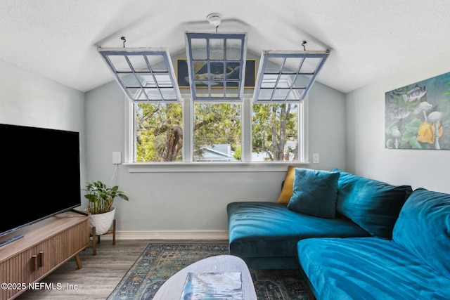 living area with lofted ceiling, a textured ceiling, baseboards, and wood finished floors