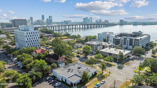 bird's eye view with a view of city and a water view