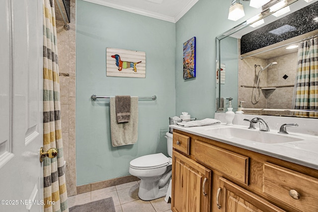 full bath featuring crown molding, a shower with shower curtain, toilet, vanity, and tile patterned flooring