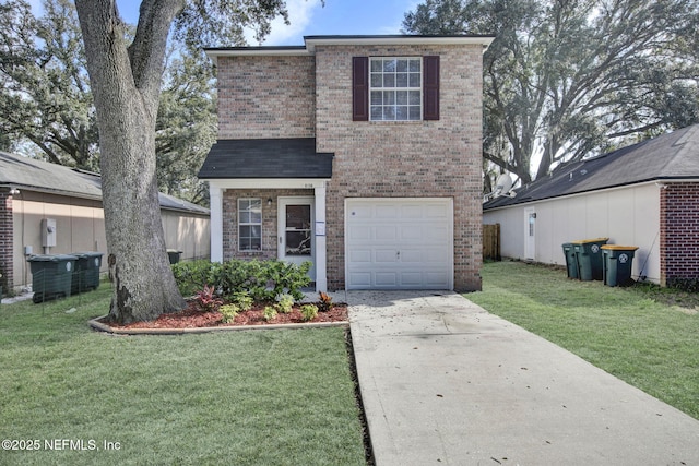 traditional-style house with a garage, a front lawn, concrete driveway, and brick siding