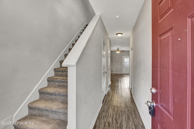 interior space featuring ceiling fan, baseboards, and wood finished floors