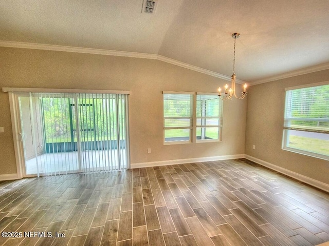 empty room with a notable chandelier, visible vents, ornamental molding, wood tiled floor, and vaulted ceiling