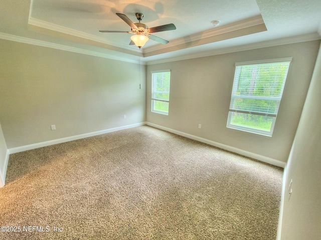 spare room featuring ornamental molding, carpet flooring, a raised ceiling, and baseboards