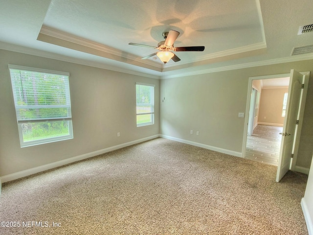 spare room featuring a tray ceiling, carpet flooring, visible vents, and baseboards