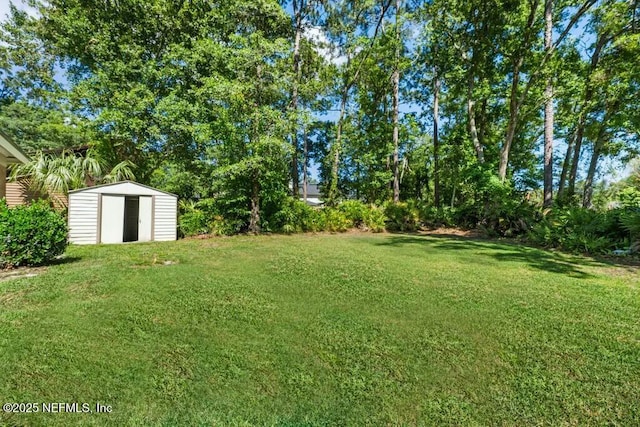 view of yard featuring an outbuilding and a shed