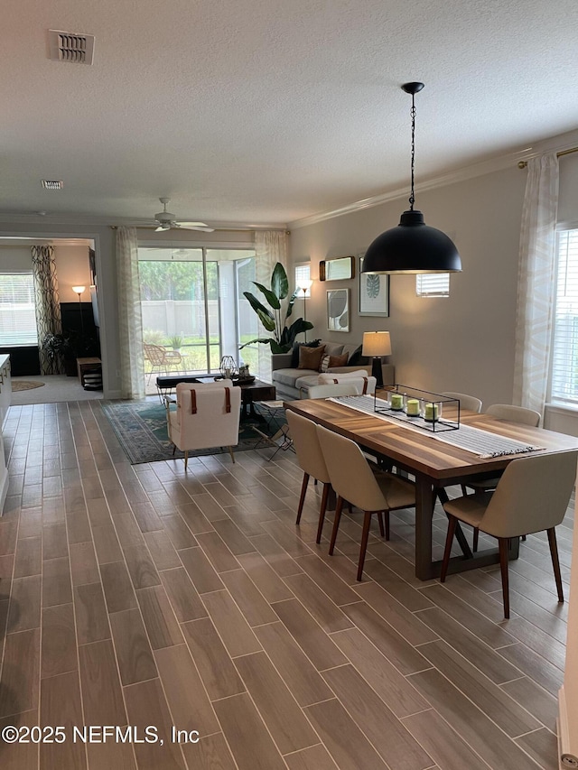 dining room with visible vents, ceiling fan, crown molding, a textured ceiling, and wood finish floors