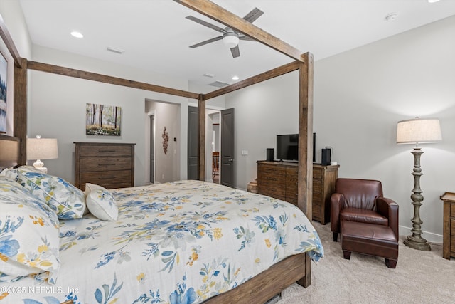 bedroom with carpet, visible vents, a ceiling fan, and recessed lighting