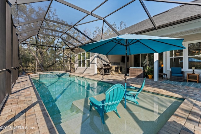 view of swimming pool with glass enclosure, a grill, a pool with connected hot tub, and a patio