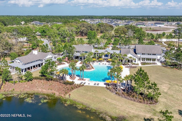 birds eye view of property featuring a water view