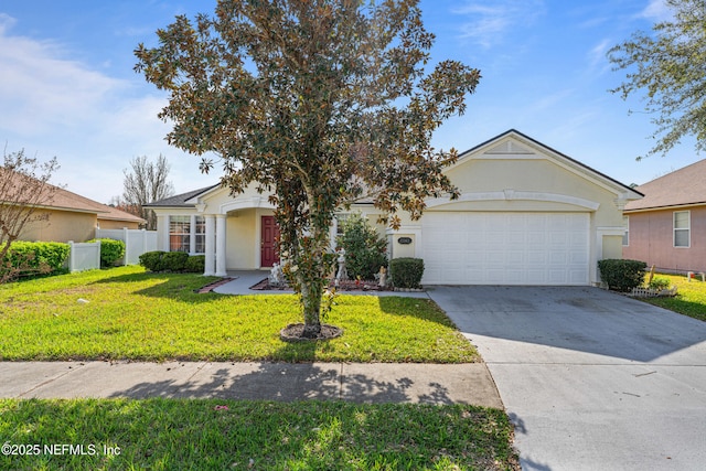 view of front of home with a garage, concrete driveway, fence, a front lawn, and stucco siding