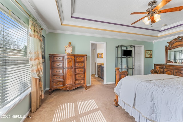 bedroom with light carpet, baseboards, a raised ceiling, ornamental molding, and a textured ceiling