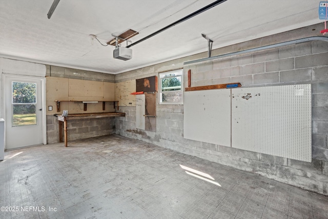 garage featuring a garage door opener, concrete block wall, and a workshop area