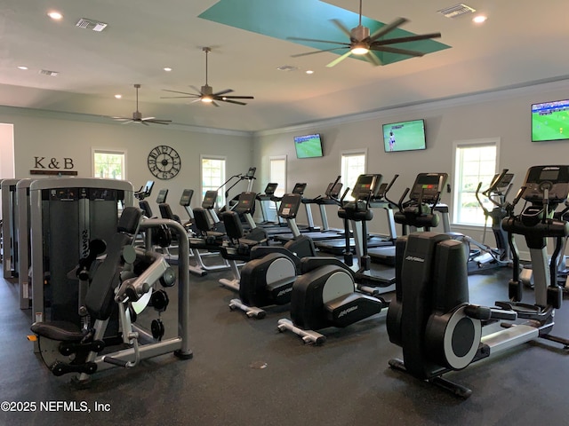 gym featuring ornamental molding, recessed lighting, and visible vents